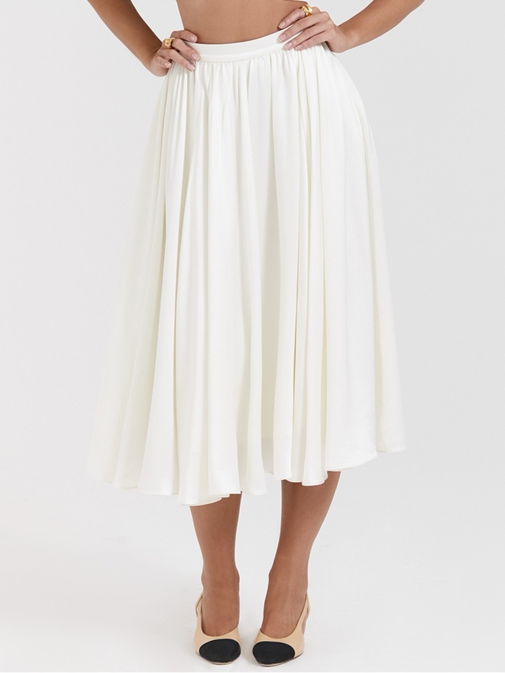 House of CB Ivory Satin Midi Skirt in Small